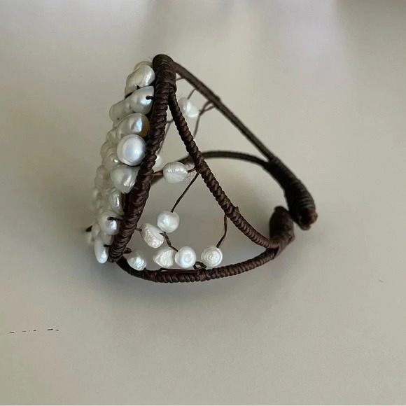 Freshwater Pearl Embroidered Bracelet Fiber Wrapped and Pearl Covered Statement - Picture 10 of 11